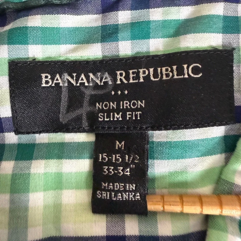 Banana Republic Mens Slim Fit Non Iron Plaid Shirt Green Blue M 15-15.5 33-34